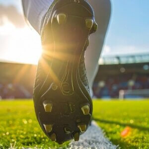 Close up image of a football boot on the pitch with the sun behind it
