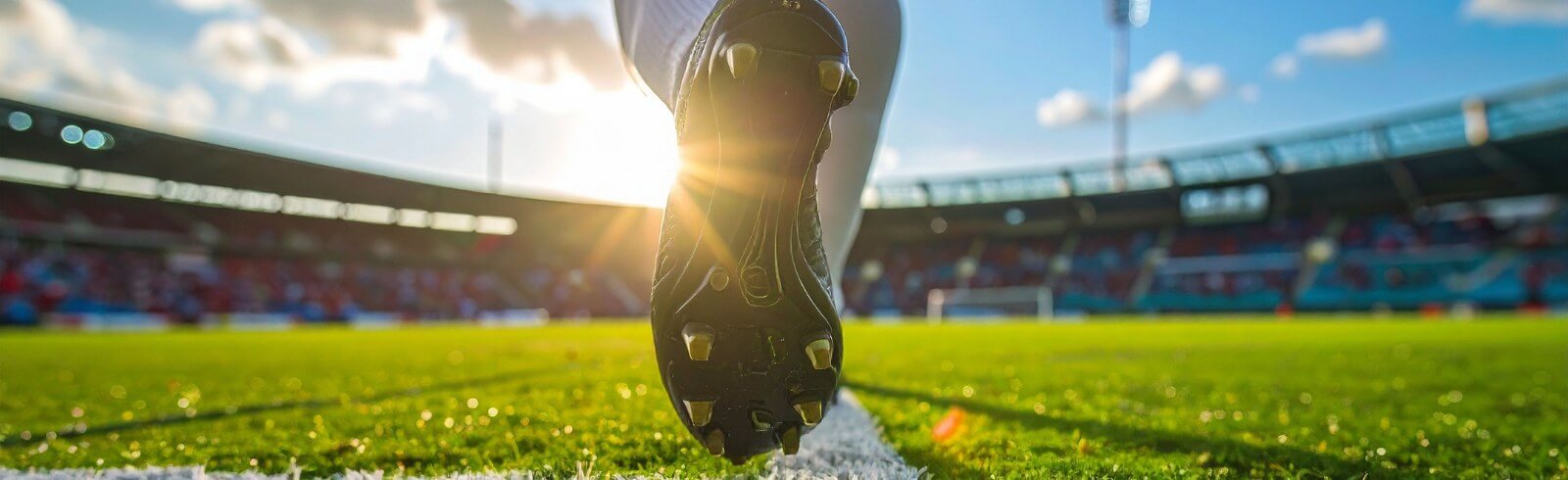 Close up image of a football boot on the pitch with the sun behind it