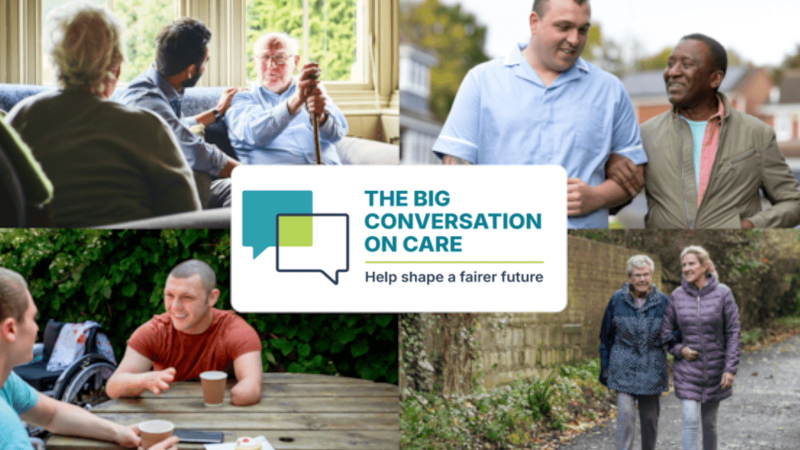 The Big Conversation on Care logo surrounded by four photos showing people in caring situations