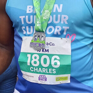 Charles's race number and Worcester City Runs medal